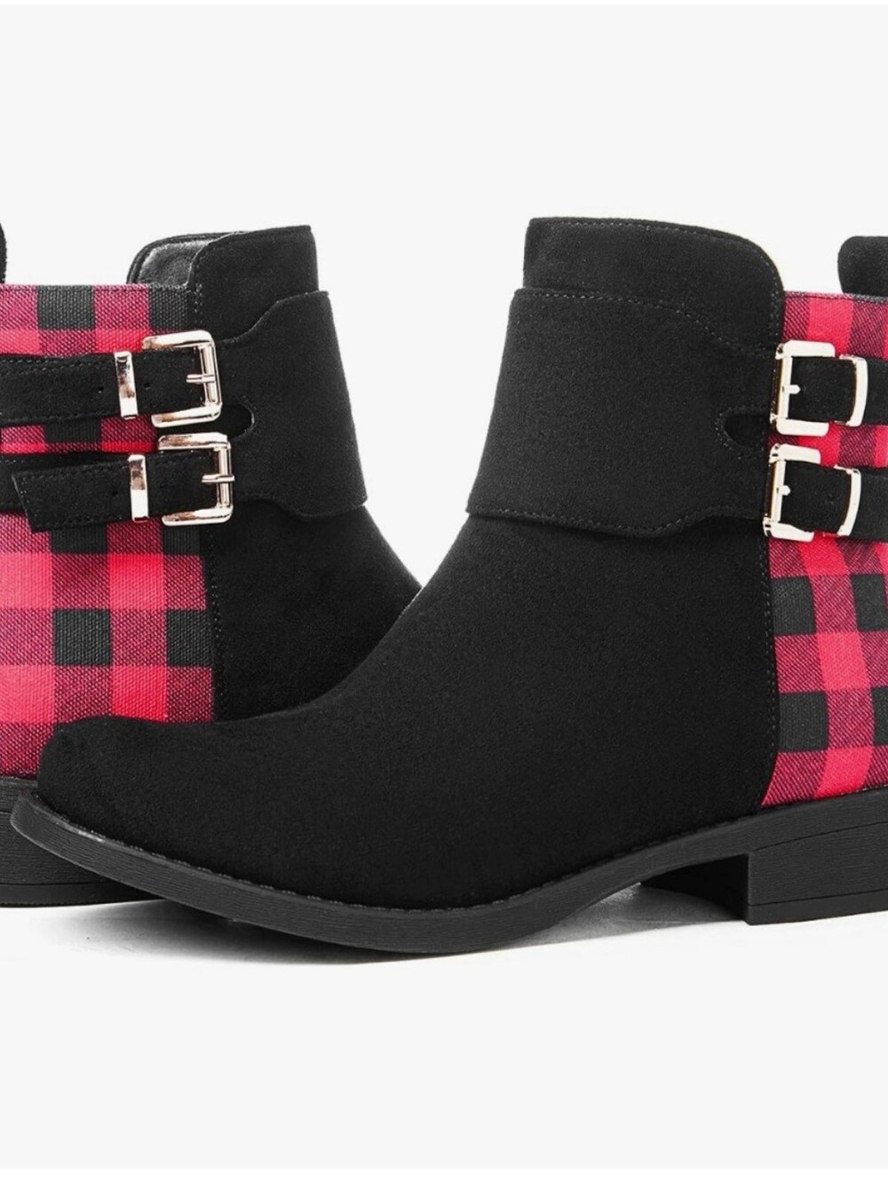 Global Win Woman'Black Ankle Boots with Pink Plaid Panels and Buckles, Size 7.5M
